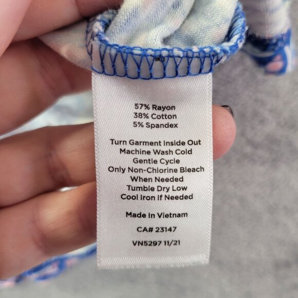 Talbots Womens Paisley Print Top Sp Blue Pink White Boho Tee Active Twisted Back - Picture 9 of 10